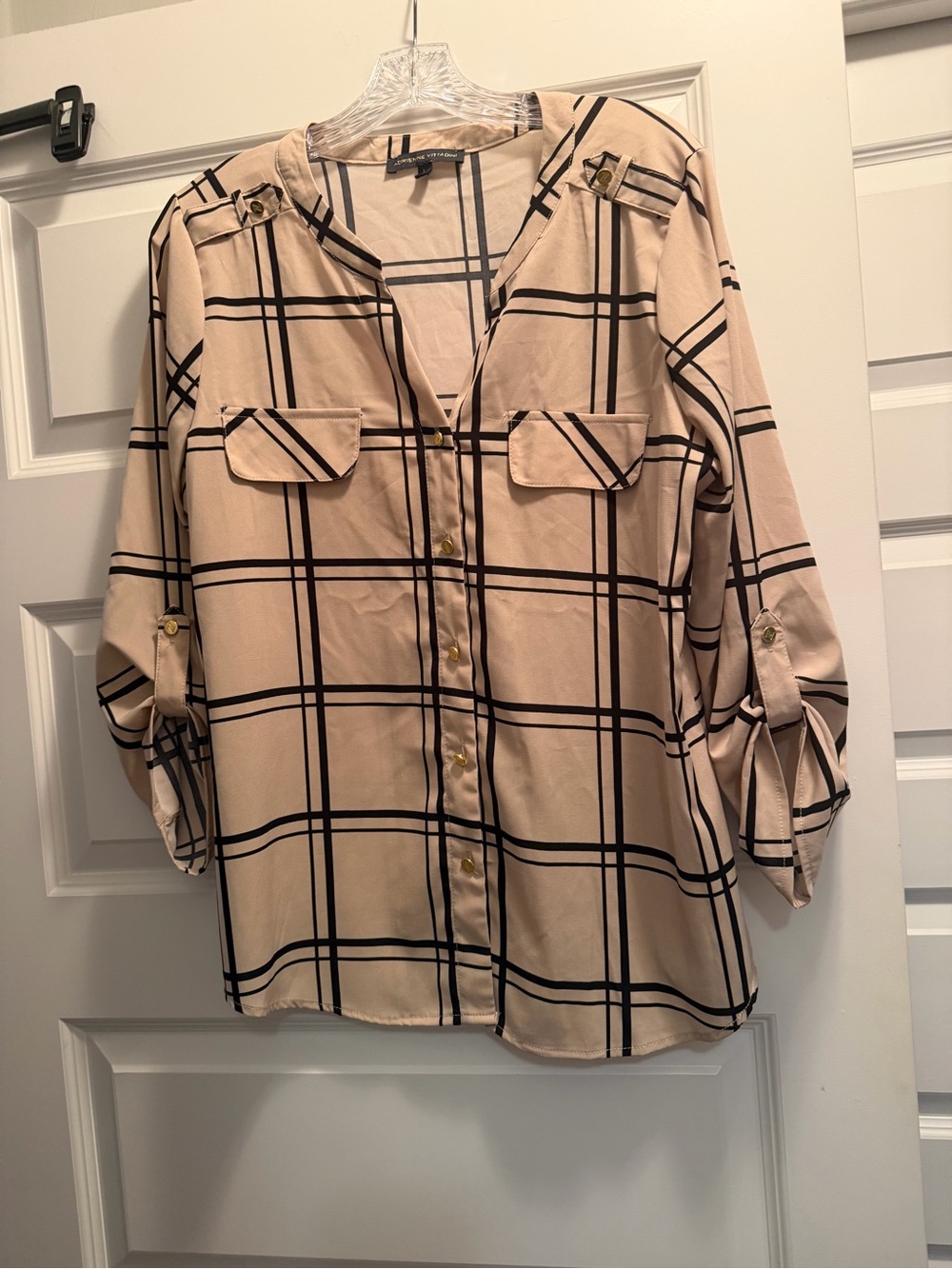 Adrienne Vittadini Beige and Black Windowpane Button-Down Shirt